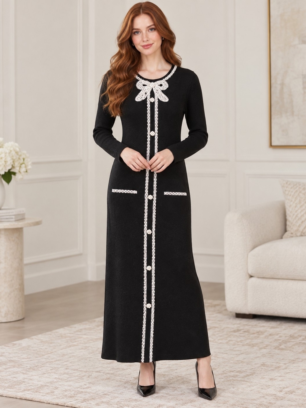 Elegant Black Maxi Dress with Pearl Bow Accent